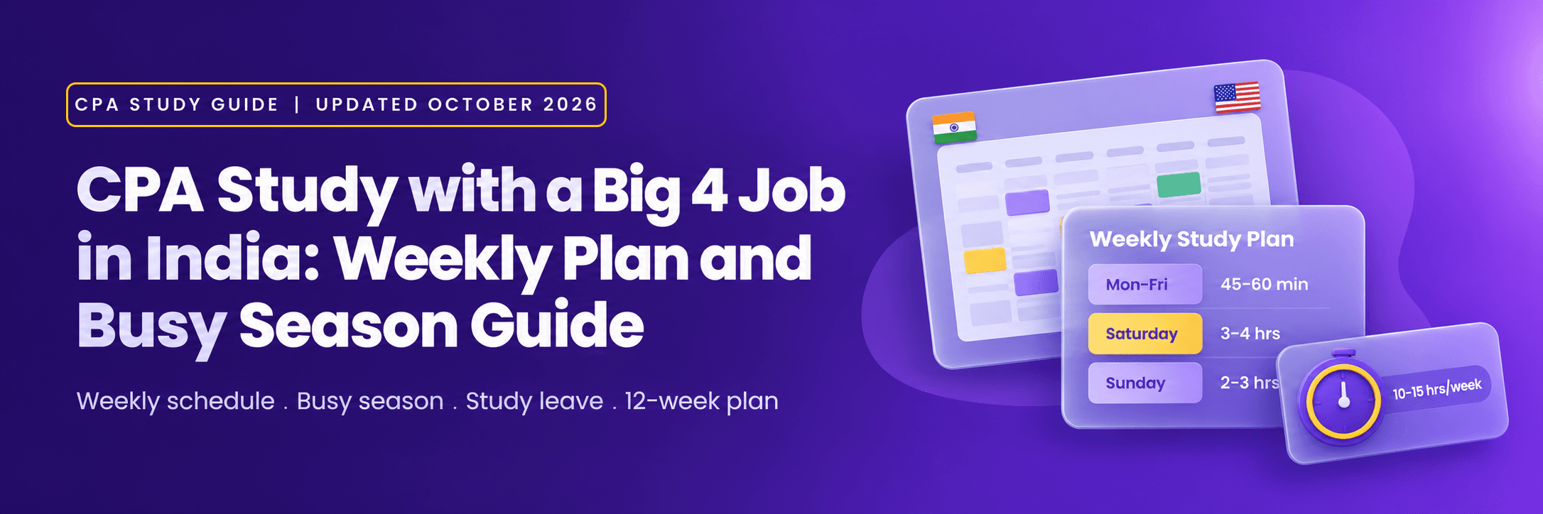 CPA study guide for Indian Big 4 professionals featuring a weekly study schedule, busy-season planning, weekend study hours, and a 12-week CPA preparation plan.
