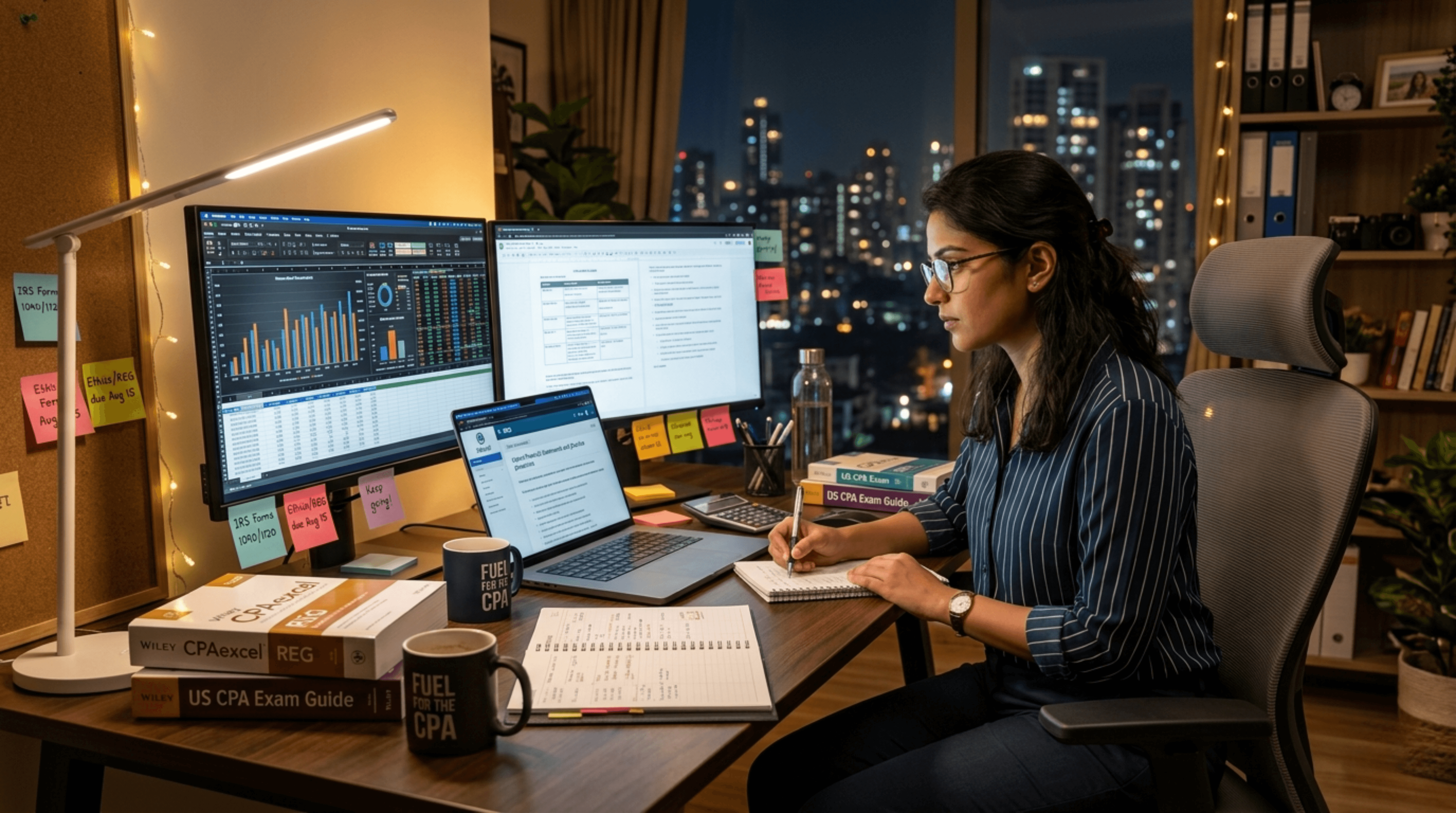 Working professional in India preparing for the US CPA exam at night, studying with dual monitors, CPA review materials, practice questions, and online learning resources.